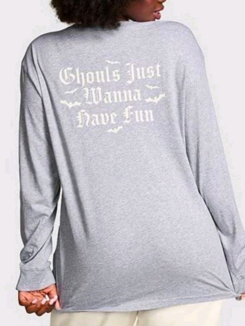 VS Pink Ghouls Just Wanna Have Fun Long-Sleeve Graphic Tee Grey Cotton Large